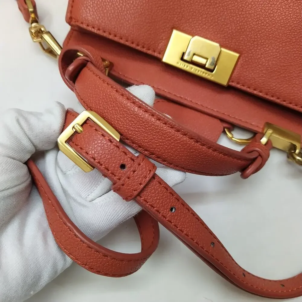 CHARLES & KEITH Orange Leather Pushlock Top Handle Satchel Crossbody Bag